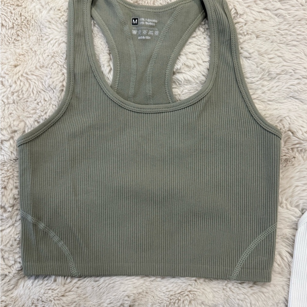 Green and White Ribbed Tank Tops